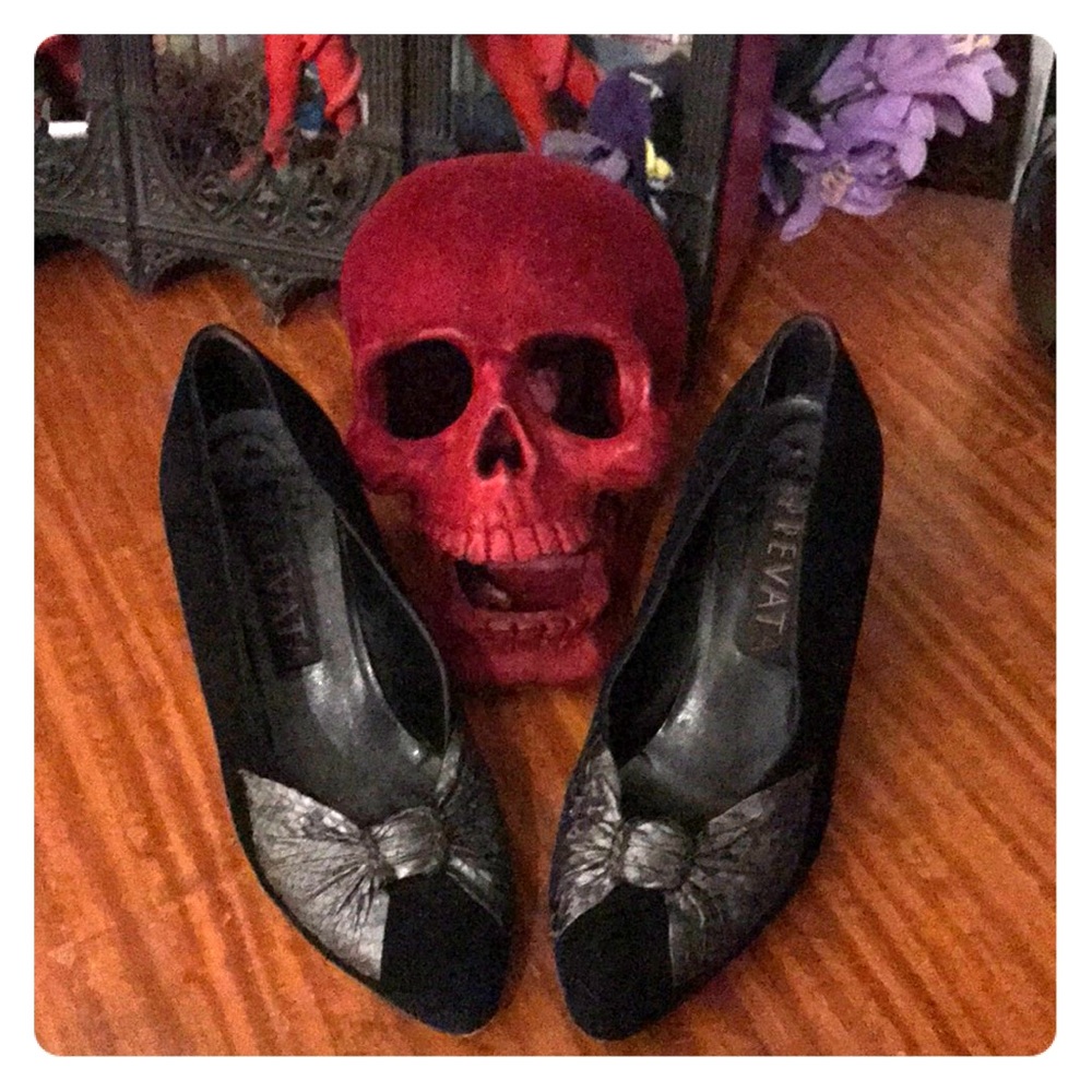 💋Vintage Leather Bow& Suede Velvet Kitten Heels💋